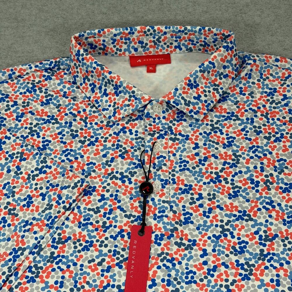 REDVANLY Fourcy Polo Mens XL Golf Shirt Coral Blue Dot Performance Stretch NWT